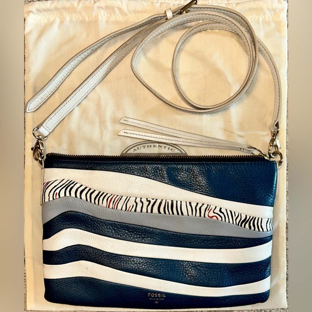 Fossil blue and white with zebra stripe cross body bag with removal straps